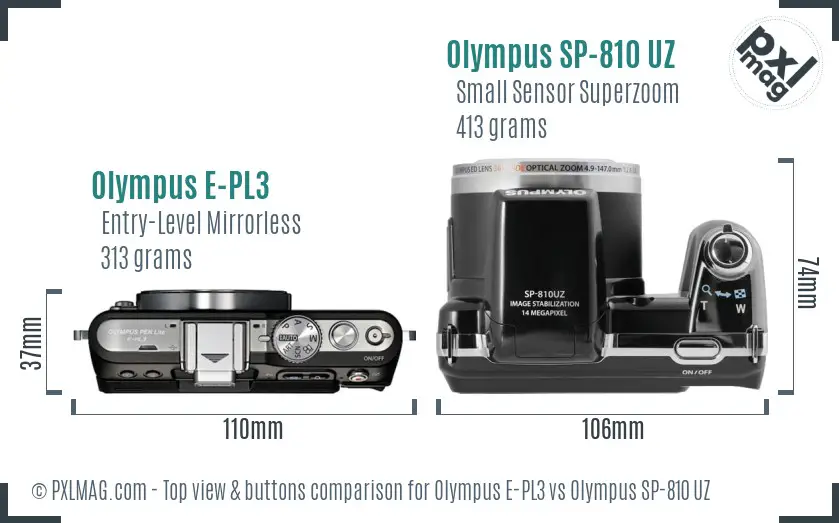 Olympus E-PL3 vs Olympus SP-810 UZ top view buttons comparison