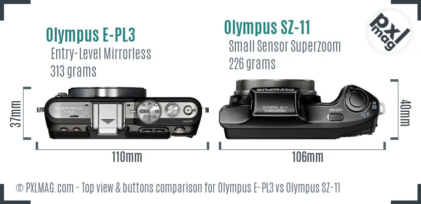 Olympus E-PL3 vs Olympus SZ-11 top view buttons comparison