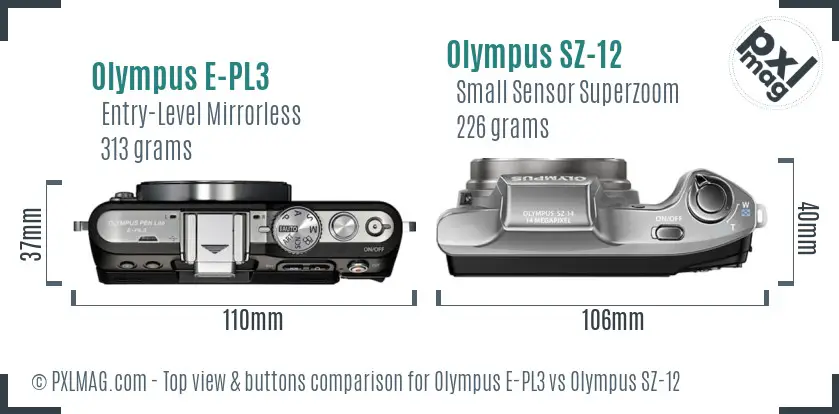 Olympus E-PL3 vs Olympus SZ-12 top view buttons comparison