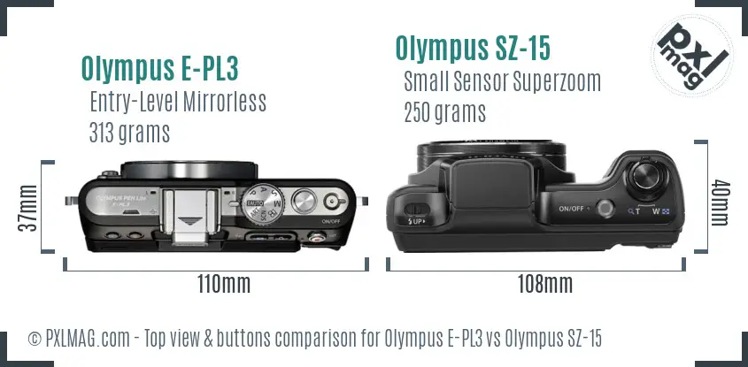 Olympus E-PL3 vs Olympus SZ-15 top view buttons comparison