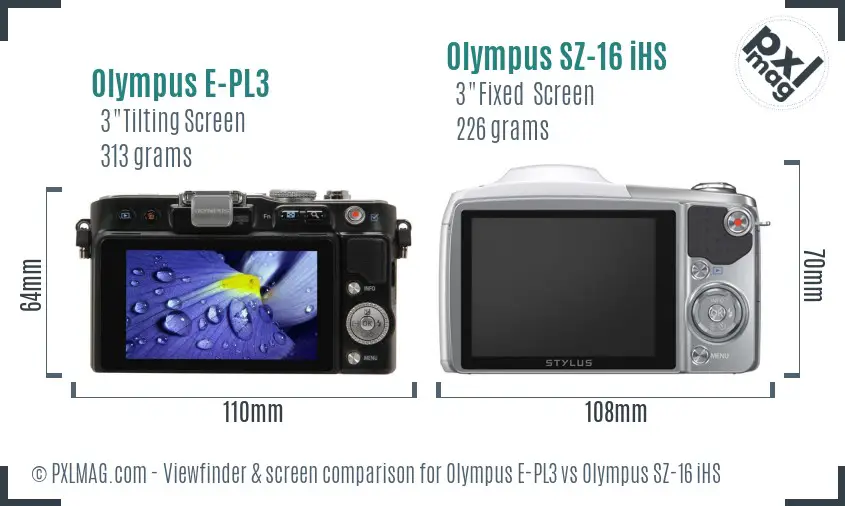 Olympus E-PL3 vs Olympus SZ-16 iHS Screen and Viewfinder comparison