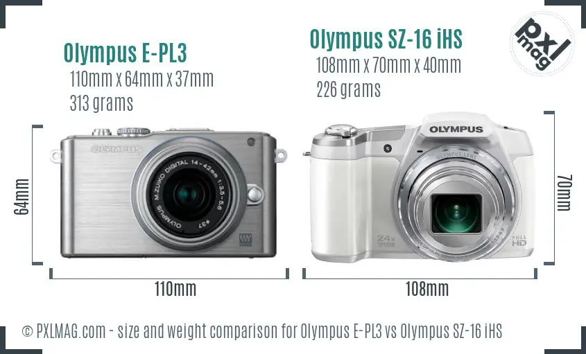 Olympus E-PL3 vs Olympus SZ-16 iHS size comparison