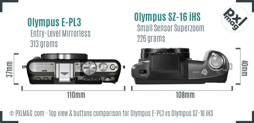 Olympus E-PL3 vs Olympus SZ-16 iHS top view buttons comparison