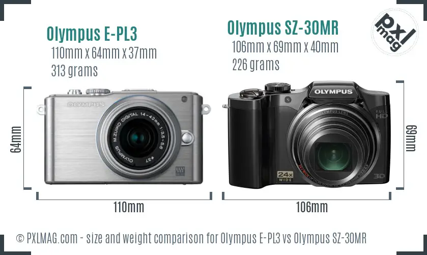 Olympus E-PL3 vs Olympus SZ-30MR size comparison