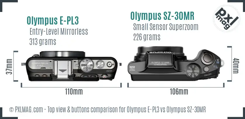 Olympus E-PL3 vs Olympus SZ-30MR top view buttons comparison