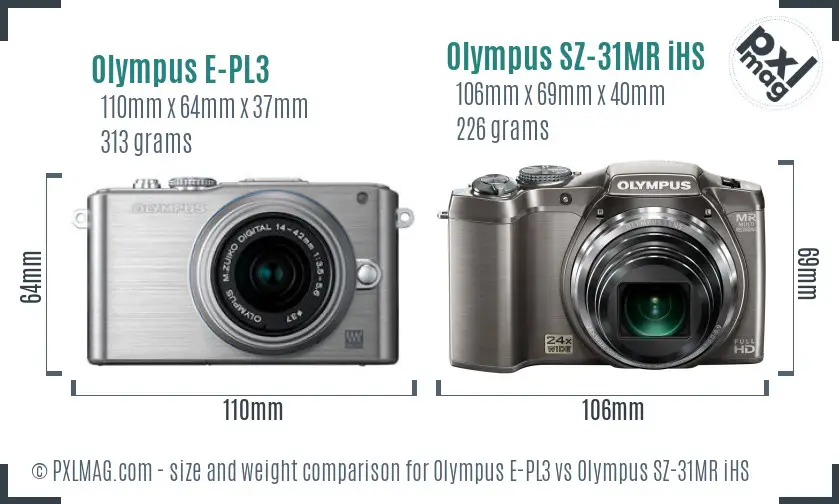 Olympus E-PL3 vs Olympus SZ-31MR iHS size comparison