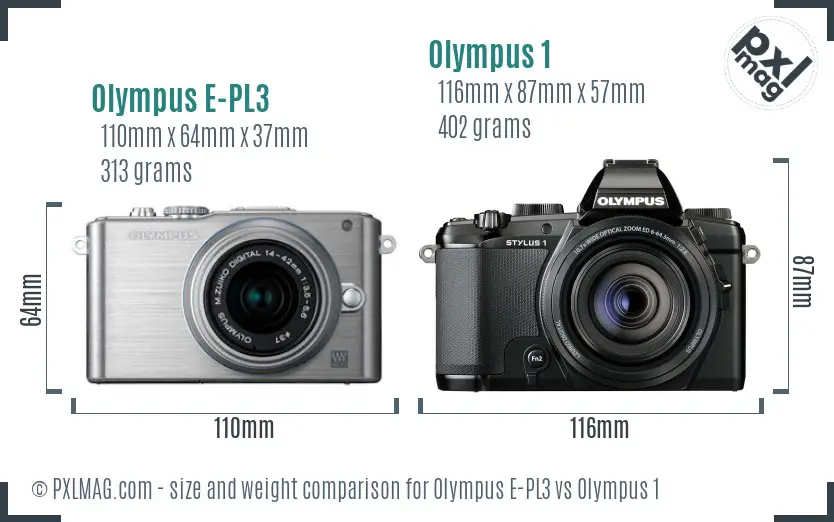 Olympus E-PL3 vs Olympus 1 size comparison