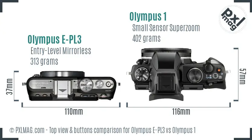 Olympus E-PL3 vs Olympus 1 top view buttons comparison