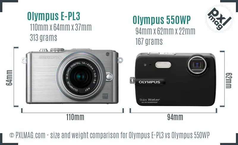Olympus E-PL3 vs Olympus 550WP size comparison