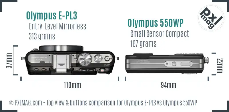 Olympus E-PL3 vs Olympus 550WP top view buttons comparison