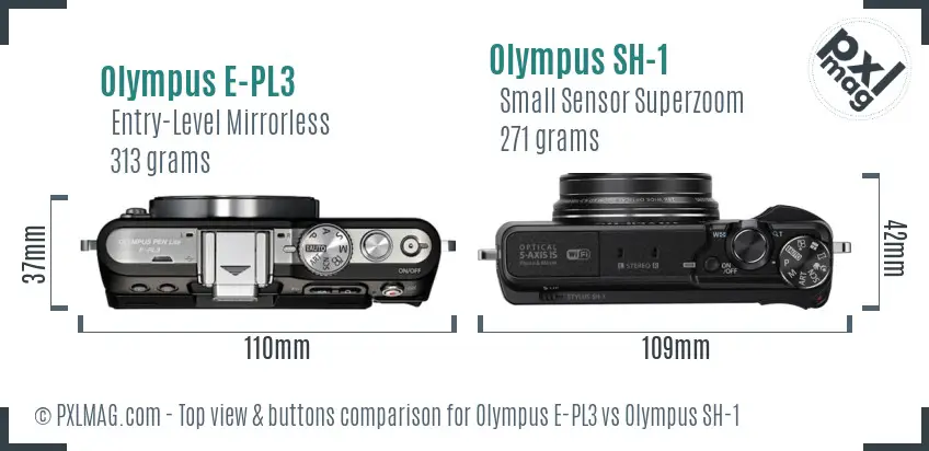 Olympus E-PL3 vs Olympus SH-1 top view buttons comparison