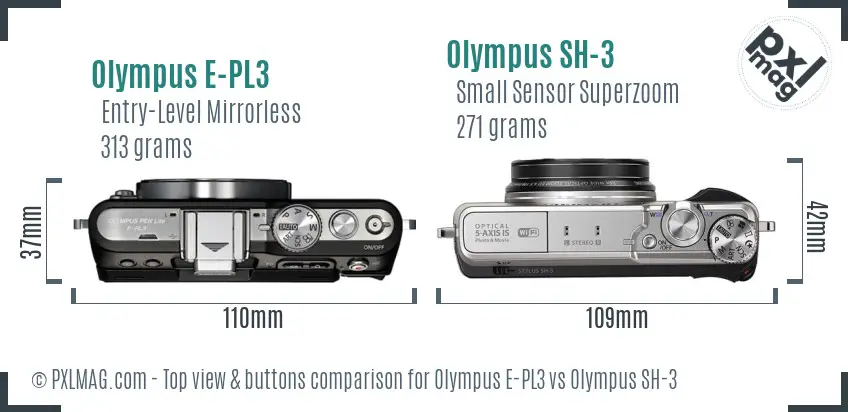 Olympus E-PL3 vs Olympus SH-3 top view buttons comparison