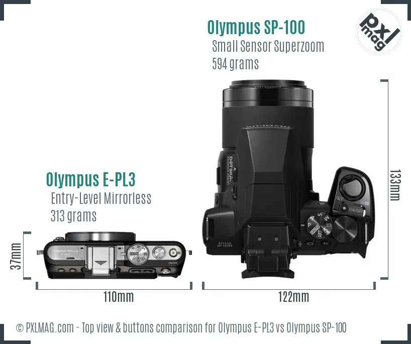 Olympus E-PL3 vs Olympus SP-100 top view buttons comparison
