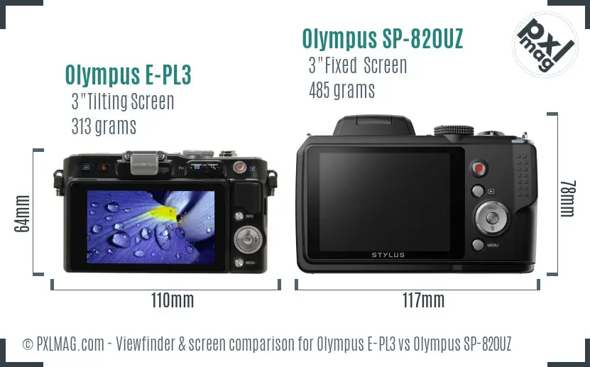 Olympus E-PL3 vs Olympus SP-820UZ Screen and Viewfinder comparison