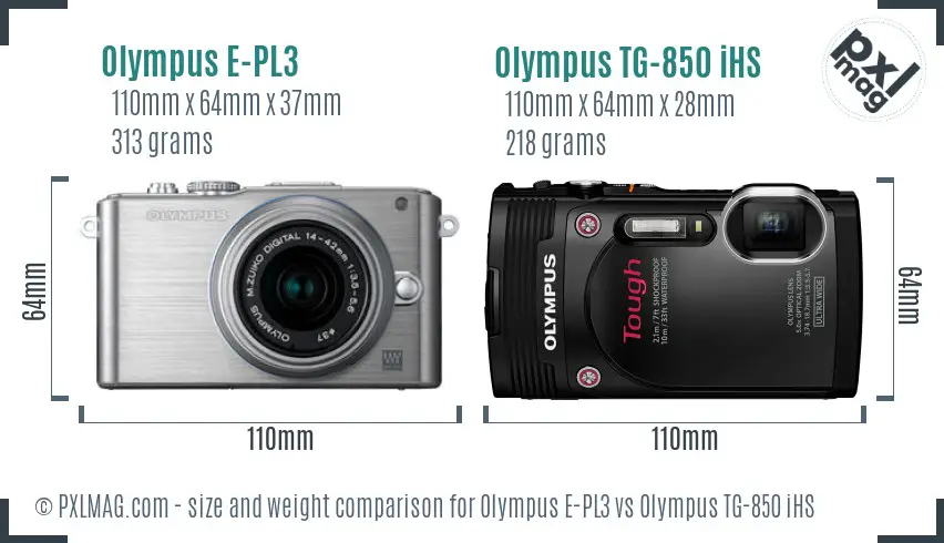 Olympus E-PL3 vs Olympus TG-850 iHS size comparison