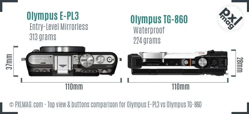 Olympus E-PL3 vs Olympus TG-860 top view buttons comparison