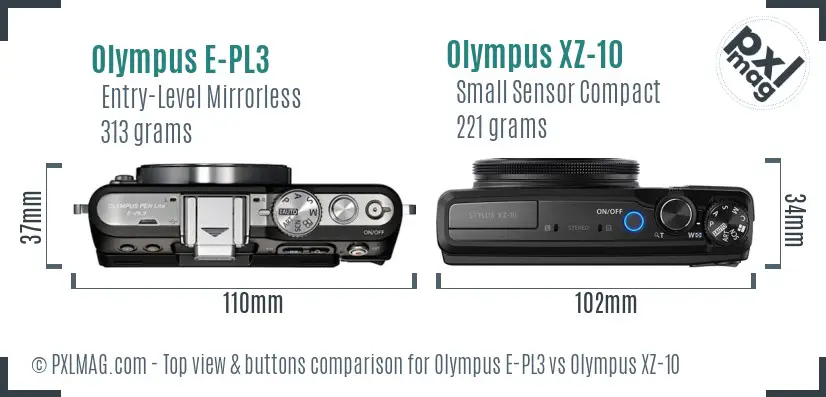 Olympus E-PL3 vs Olympus XZ-10 top view buttons comparison