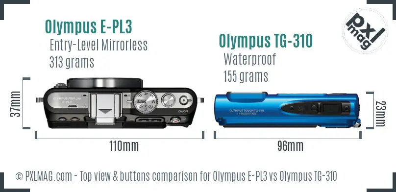 Olympus E-PL3 vs Olympus TG-310 top view buttons comparison