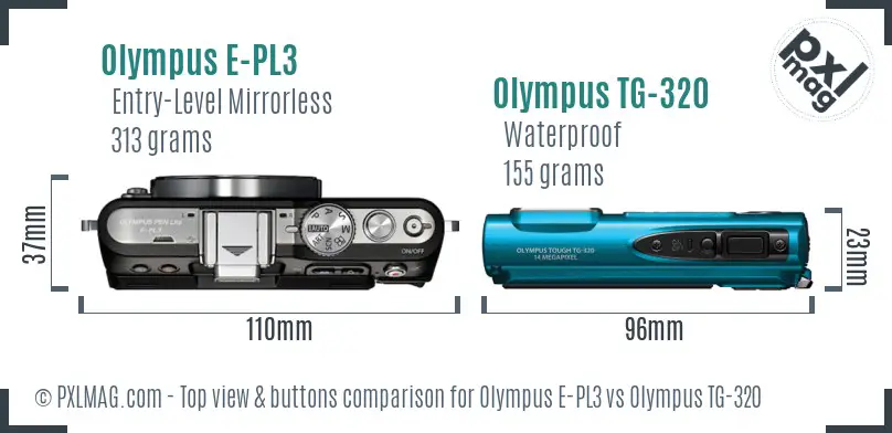 Olympus E-PL3 vs Olympus TG-320 top view buttons comparison