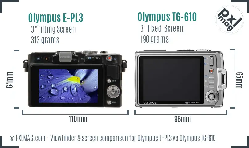 Olympus E-PL3 vs Olympus TG-610 Screen and Viewfinder comparison