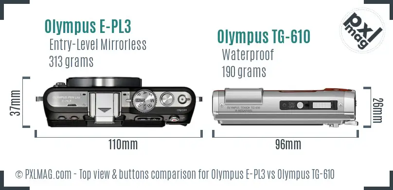 Olympus E-PL3 vs Olympus TG-610 top view buttons comparison