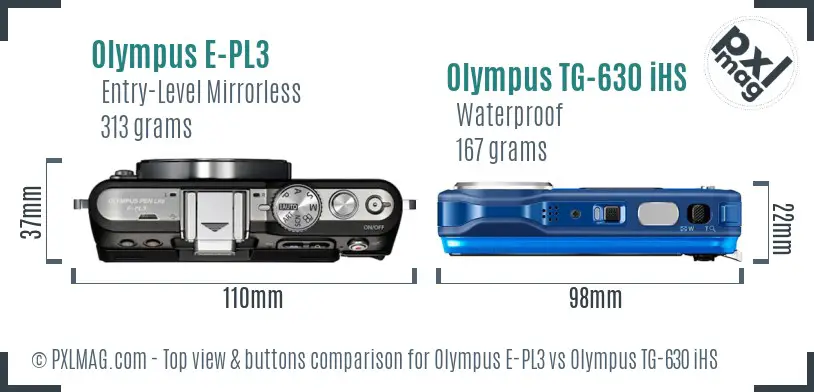 Olympus E-PL3 vs Olympus TG-630 iHS top view buttons comparison