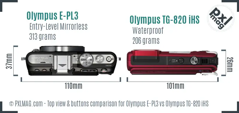Olympus E-PL3 vs Olympus TG-820 iHS top view buttons comparison
