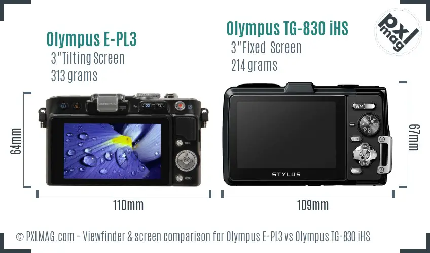 Olympus E-PL3 vs Olympus TG-830 iHS Screen and Viewfinder comparison