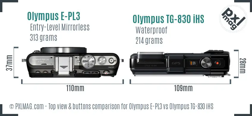 Olympus E-PL3 vs Olympus TG-830 iHS top view buttons comparison