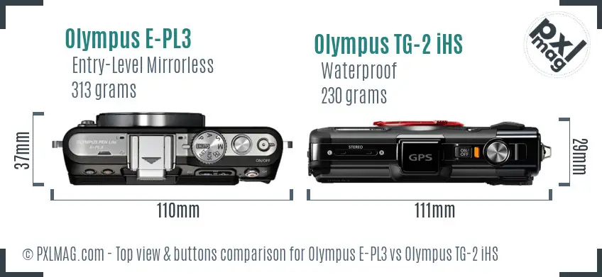 Olympus E-PL3 vs Olympus TG-2 iHS top view buttons comparison