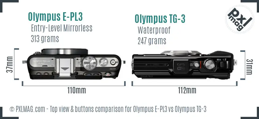 Olympus E-PL3 vs Olympus TG-3 top view buttons comparison