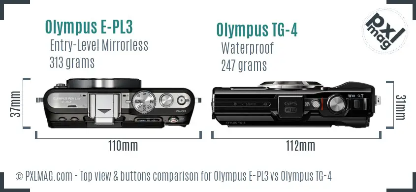 Olympus E-PL3 vs Olympus TG-4 top view buttons comparison