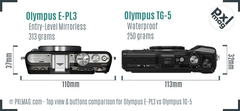 Olympus E-PL3 vs Olympus TG-5 top view buttons comparison