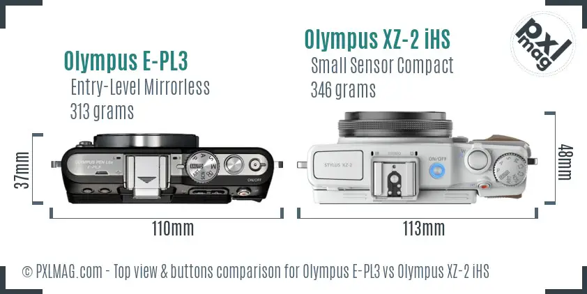 Olympus E-PL3 vs Olympus XZ-2 iHS top view buttons comparison