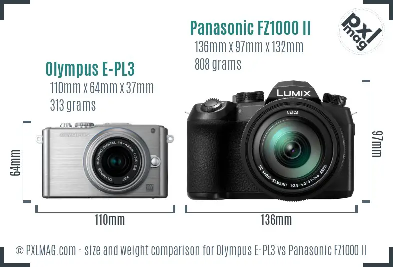Olympus E-PL3 vs Panasonic FZ1000 II size comparison