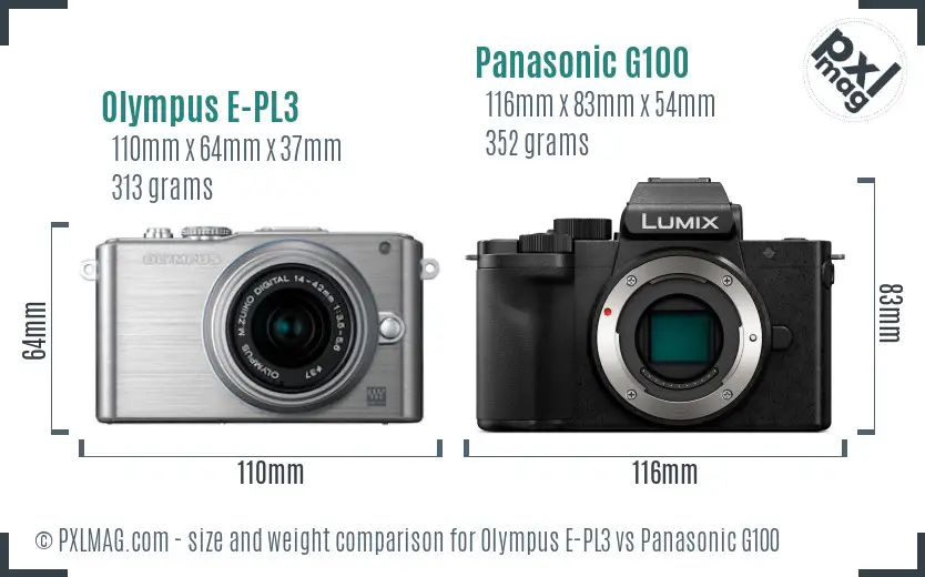 Olympus E-PL3 vs Panasonic G100 size comparison