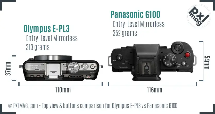 Olympus E-PL3 vs Panasonic G100 top view buttons comparison