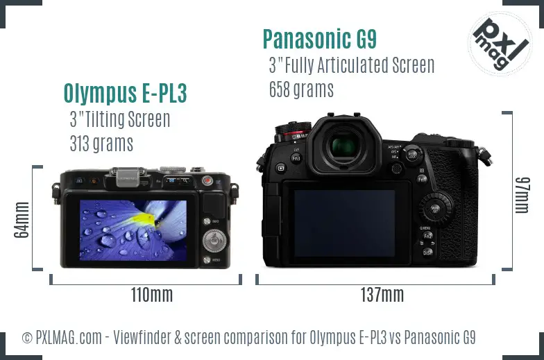 Olympus E-PL3 vs Panasonic G9 Screen and Viewfinder comparison
