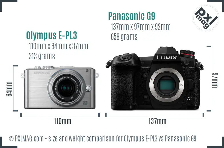 Olympus E-PL3 vs Panasonic G9 size comparison