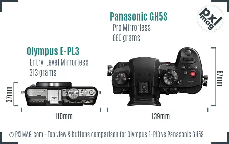 Olympus E-PL3 vs Panasonic GH5S top view buttons comparison