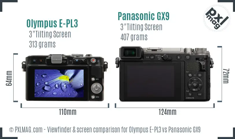 Olympus E-PL3 vs Panasonic GX9 Screen and Viewfinder comparison