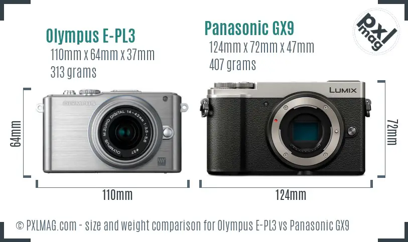 Olympus E-PL3 vs Panasonic GX9 size comparison