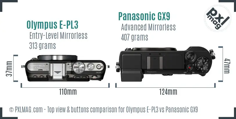 Olympus E-PL3 vs Panasonic GX9 top view buttons comparison