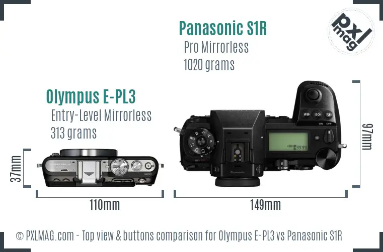 Olympus E-PL3 vs Panasonic S1R top view buttons comparison