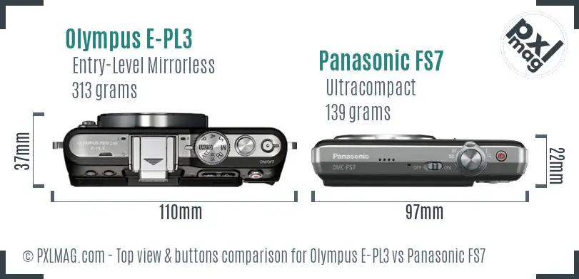 Olympus E-PL3 vs Panasonic FS7 top view buttons comparison