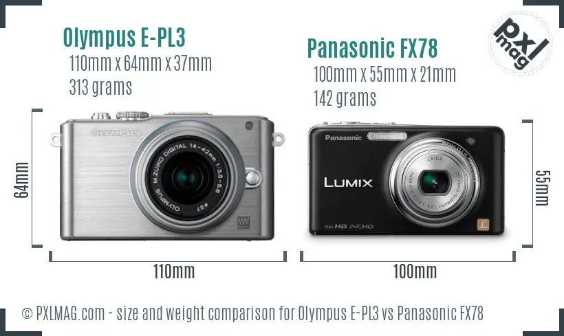 Olympus E-PL3 vs Panasonic FX78 size comparison