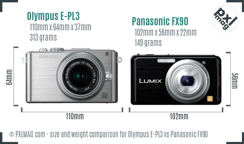 Olympus E-PL3 vs Panasonic FX90 size comparison