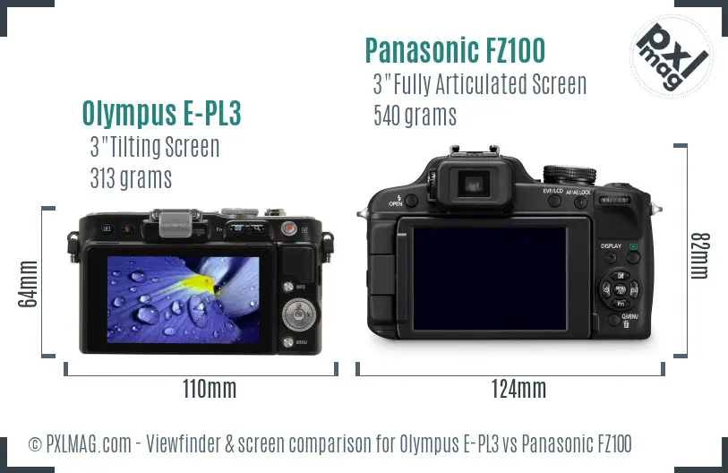 Olympus E-PL3 vs Panasonic FZ100 Screen and Viewfinder comparison