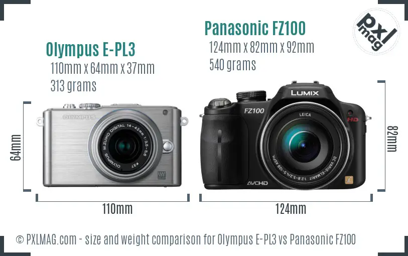 Olympus E-PL3 vs Panasonic FZ100 size comparison