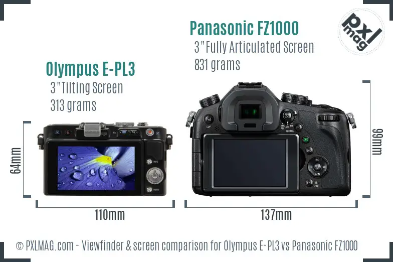 Olympus E-PL3 vs Panasonic FZ1000 Screen and Viewfinder comparison